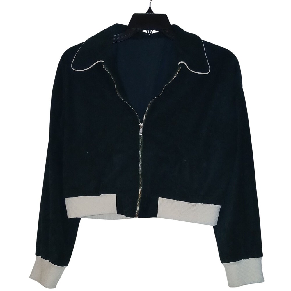 Kids Dark Green Corduroy Cropped Bomber Jacket Zip Up Cream Trim Varsity Style